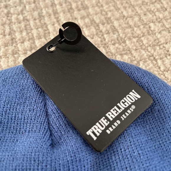 True Religion Arched Logo Beanie Blue Ribbed Knit 100% Cotton NWT - Picture 5 of 7